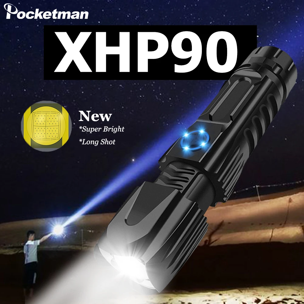 Galingas XHP90.2 Xlamp Žibintuvėlis Taktinis Žibintuvėlis USB Įkraunamas Žibintuvėlis, atsparus Vandeniui Žibintuvėlis, Smart Chip Kontrolės 26650 baterija