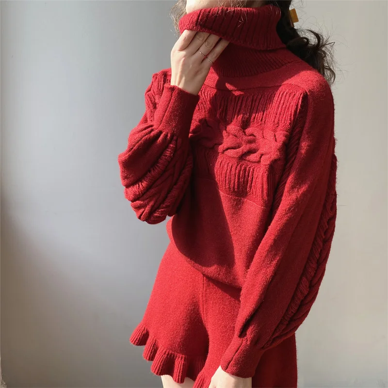 Rudenį ir žiemą moterų atsitiktinis megztinis vientisų spalvų aukšto kaklo, ilgomis rankovėmis laisvas megztinis