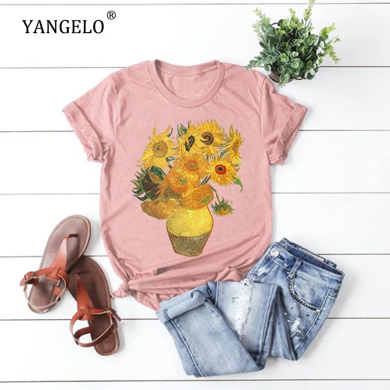 Yangelo Vincento Van Gogho Saulėgrąžos Atspausdintas T-shirt Moterims 2020 