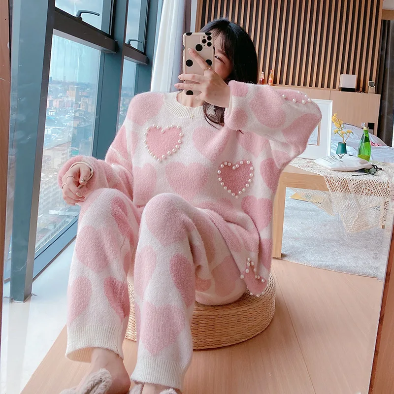 Žiemos Naujas Imitacija Mink Aksomo Sleepwear Nuolat Šilta Pižama Moterims Pearl Kabinti Pijamas Mujer Ponios Rožinės Pižamos Naktiniai Drabužiai