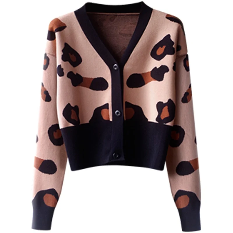 2020 retro in leopard print užsienio stiliaus T-shirt V-kaklo megztinis moterų rudens žiemos slim fit trumpą aukštos juosmens