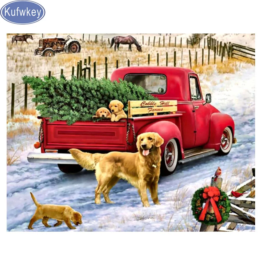 Sniego automobilių šuo Diamond Tapybos Kryželiu,Siuvinėjimo,5D,PASIDARYK pats,Diamond Mozaika,lipdukai,Pilnas,kvadratas,Diamond Nuotrauka,kalėdinės dovanos