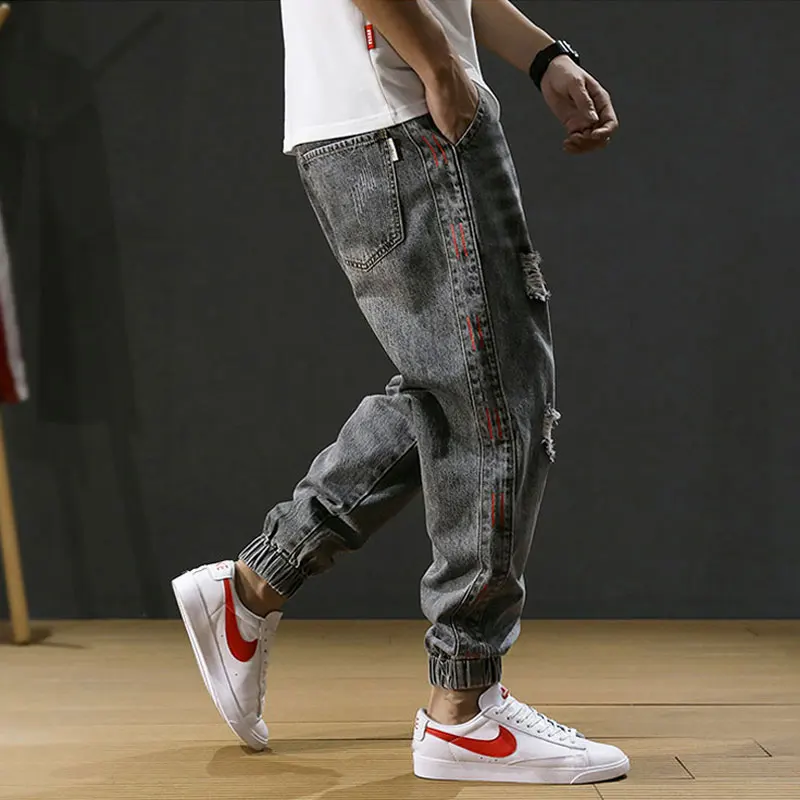 Japonų Stiliaus Mados, Vyrų Džinsai Juostele Dizaineris Palaidi Tinka Sunaikinta Kankina Haremas Džinsai Vyrams Krovinių Kelnės Streetwear Hip-Hop Džinsai