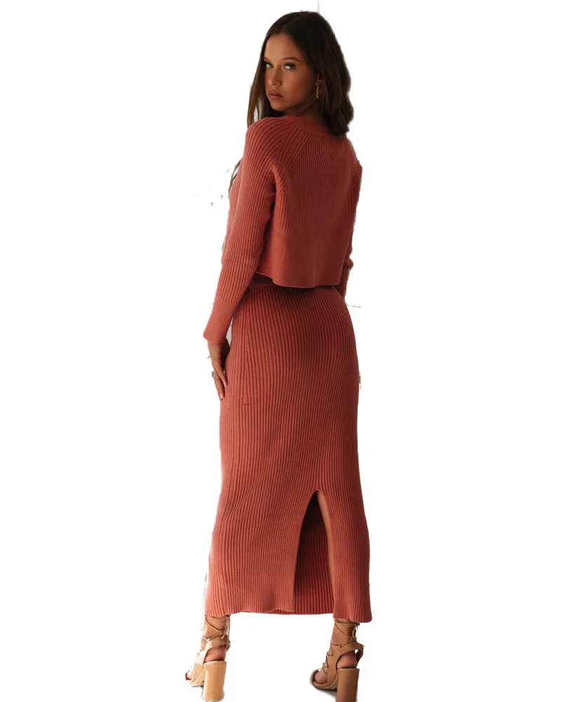 2 dalių rinkinys moterims naujo stiliaus mados temperamentas 3-spalvos megztinis kostiumas, sijonas, mezgimo hem ritininės ilgas sijonas kostiumas, dviejų dalių komplektas