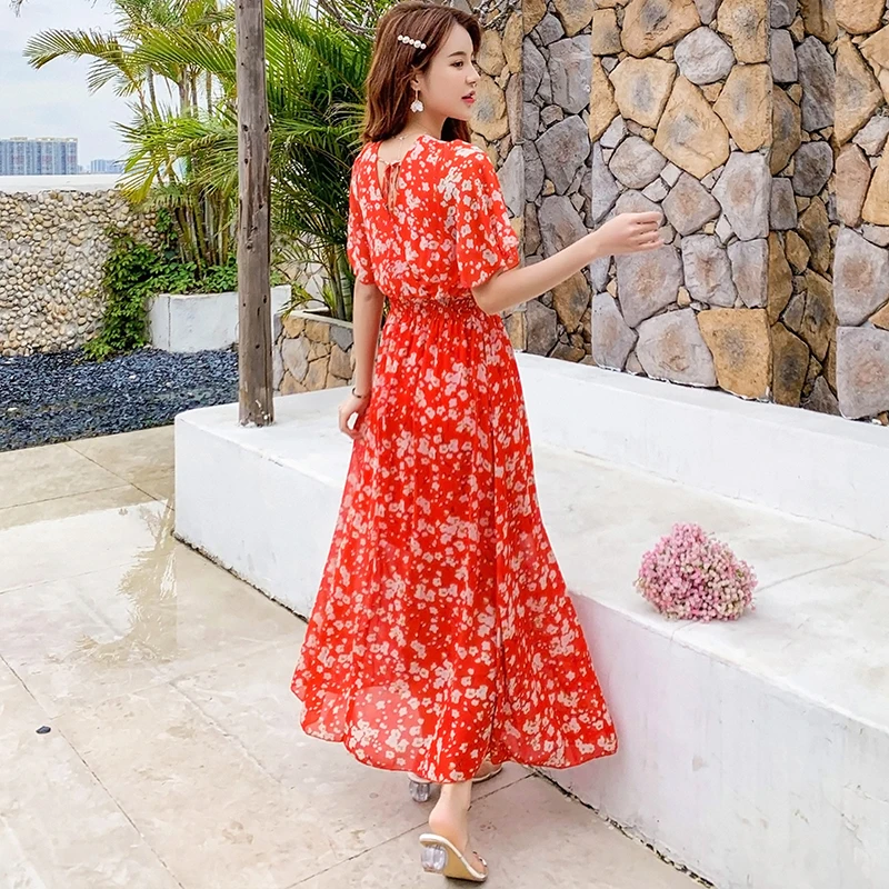 Ilgai Gėlių Šifono Moterų Suknelė Vasaros 2020 Kilimo Ir Tūpimo Tako Elegantiška Vintage Šalis Suknelė Boho Atogrąžų Paplūdimio Atostogų Suknelės Juoda Raudona