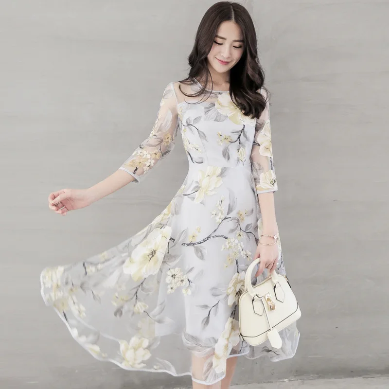2019 sprogimo modeliai high-end slim mados apvalios kaklo apkarpytos rankovėmis atspausdintas organza moterų suknelė