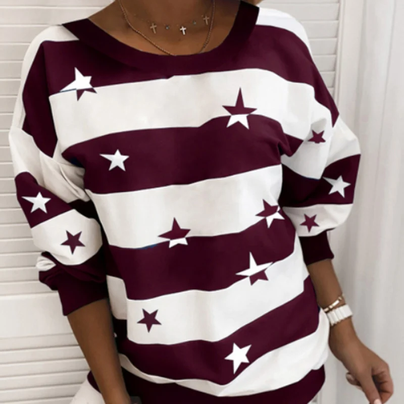Juostele Žvaigždės Moterų Palaidinukė Plius Dydis Moterų Megztinis O-kaklo Megztiniai ilgomis Rankovėmis Viršūnes 2020 M. Rudenį Panele Laisvalaikio Streetwear