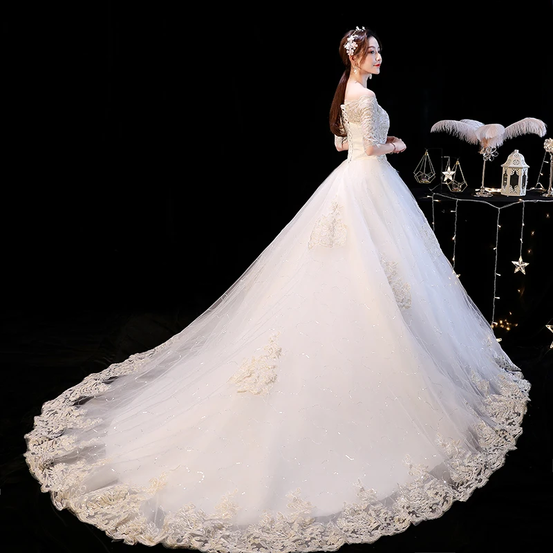 Vestuvinė Suknelė 2021 Elegantiškas Valtis Kaklo Valymo Traukinio Princesė Vestuvių Suknelės, Šampano Nėriniai Plius Dydis Vestuvių Suknelės F