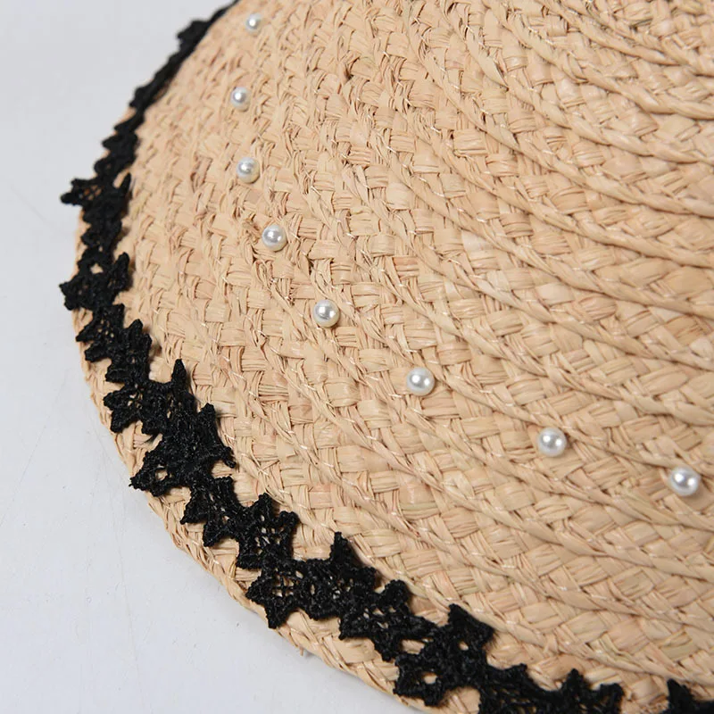 USPOP 2020 Naujų moterims saulės skrybėlės gamtos rafija šiaudines skrybėles saulės skydelis pearl nėrinių rafija saulės skrybėlės reguliuojamas lankas paplūdimys skrybėlės