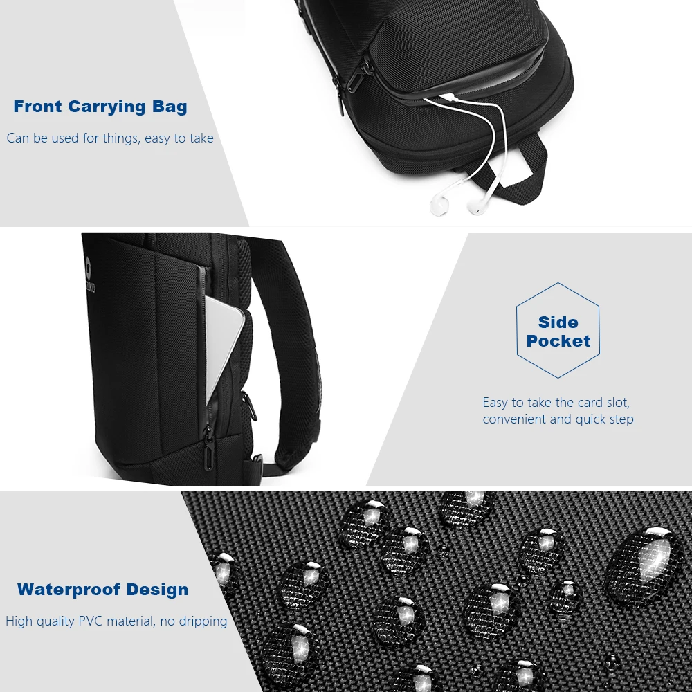 OZUKO USB Įkrovimo Krūtinės Krepšiai Vyrų Daugiafunkcį Vandeniui Crossbody Maišą Mados Vyras Krepšys Vyrų iPad Sling Bag Naujas
