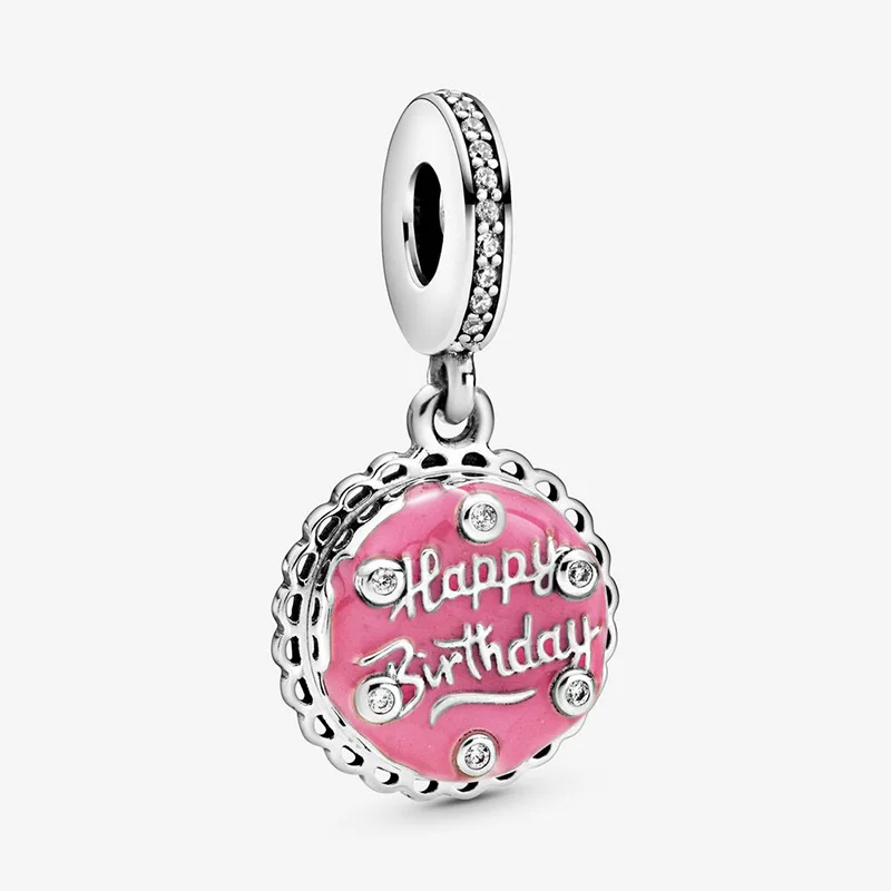 925 Sterling Silver Pink Laimingas Gimtadienio Tortas Tabaluoti Žavesio Tinka Originalus Pandora Karoliukai, Apyrankės Papuošalai Gimtadienio Dovana Draugei