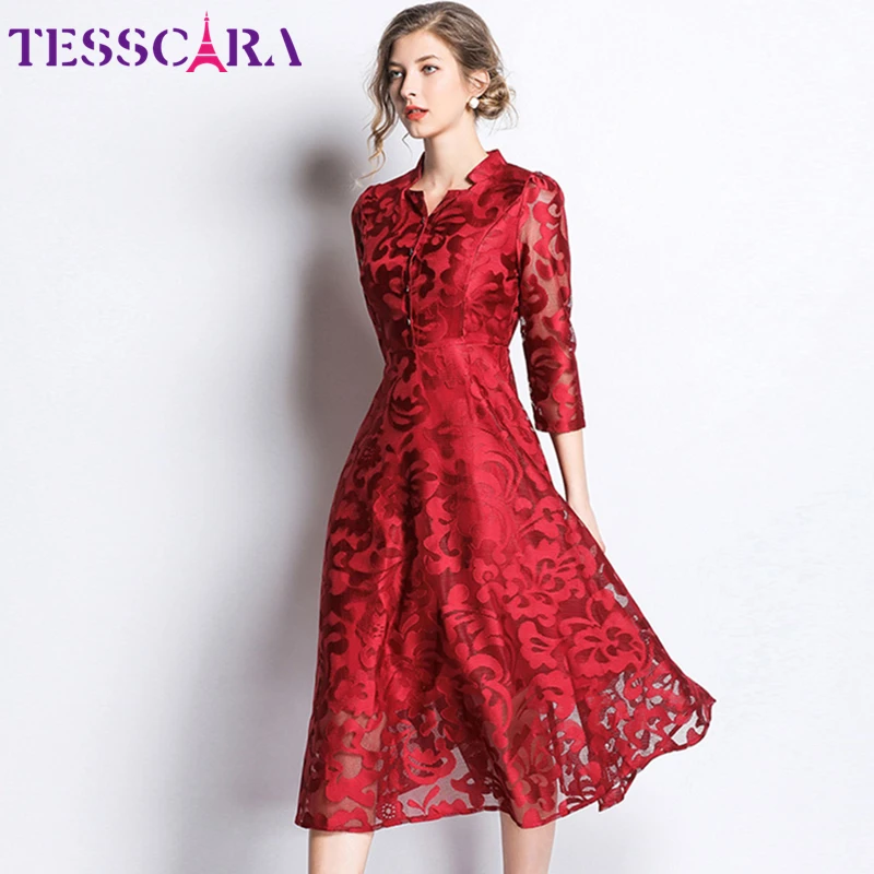 TESSCARA Moterys Pavasarį, Rudenį Elegantiškas Nėrinių Suknelė Marškinėliai Moteriška Aukštos Kokybės Derliaus Dizaineris Raudona Vestidos Ilgai Office Šaliai, Skraistės