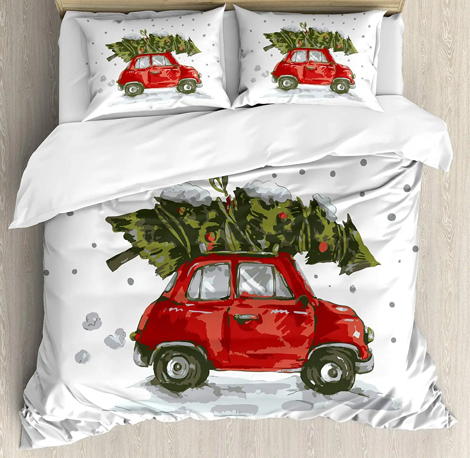Kalėdų Antklode Padengti Nustatyti Raudona Retro Stiliaus Automobilių Kalėdų Medžio Derliaus Šeimos Stiliaus Pavyzdys Snieguotas Žiemos Dailės Dekoratyvinis 3 Gabalas