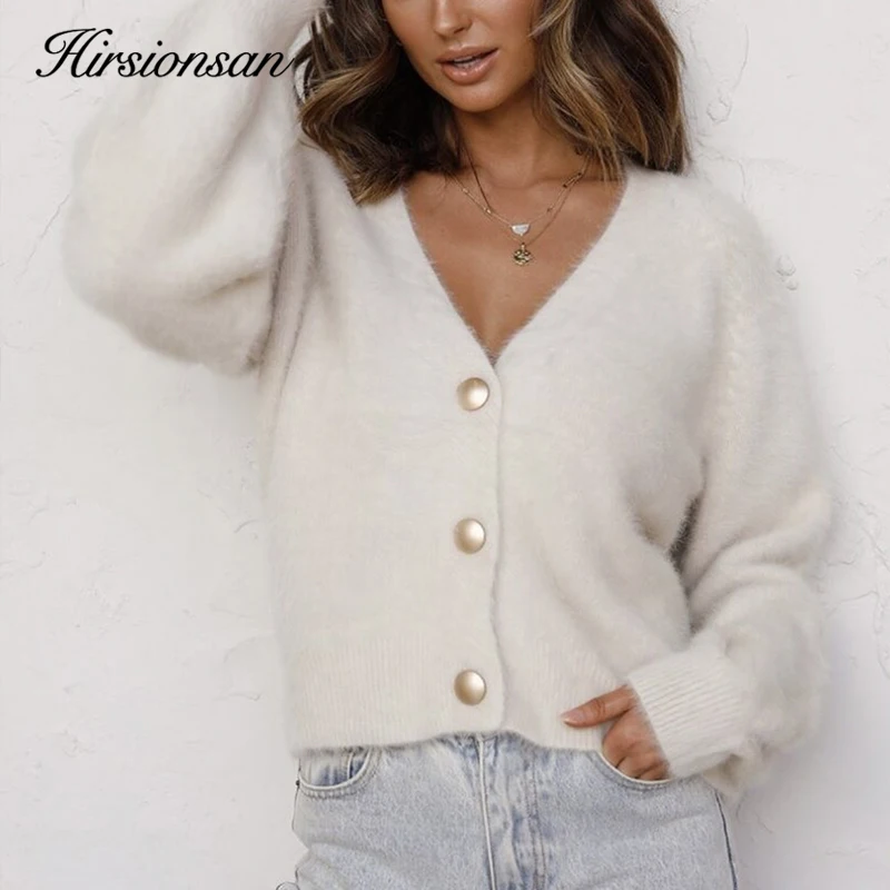 Hirsionsan Elegantiškas Ilgomis Rankovėmis Moheros Megztinis Moterims 2020 Nauja Single-Breasted Moterų Trumpas Megztinis Minkštas Lankstus Megzti Outwear