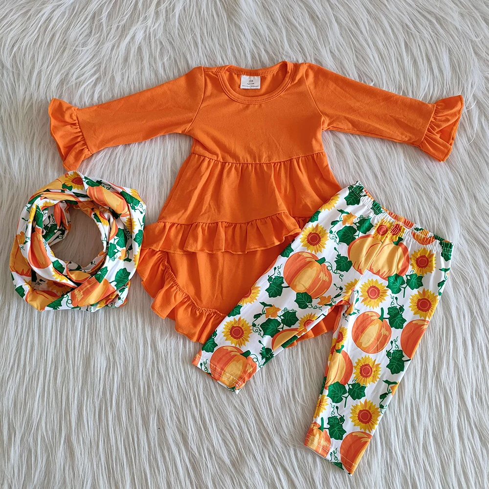Naujas Atvykimo 3 vnt Suknelės ilgomis rankovėmis pynimas soild orange legging su Skara Mielas Moliūgų Spausdinti kūdikių Mergaičių Komplektai