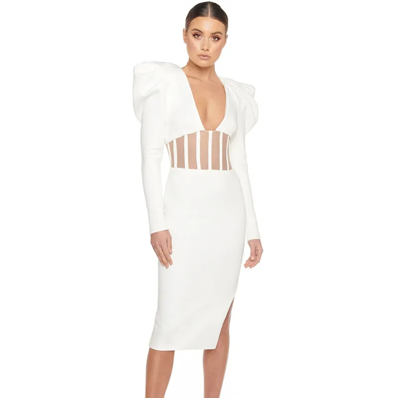 Žiemos Mados Seksualus Long Sleeve V-Kaklo Balta Midi Kelio Ilgis Moterų Tvarstis Suknelė 2020 Elegantiškas Vakaras Elegantiškas Šalis Suknelė