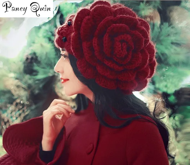 Saldus moterų žiemos skrybėlę Beanies didelis gėlės, Karoliukai Kepurės Lady galvos Apdangalai Beanies Moterų Megztos Kepurės gorros mujer invierno