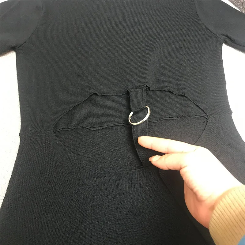 Prabangos Dizaineris Prekės Megzti Suknelė Moterims Atsitiktinis Lėlės Apykaklės Kutai Už Tuščiaviduriai Iš Hepburn Megzti Suknelė Juoda
