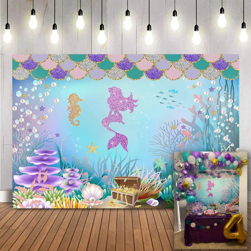 Mermaid princess gimtadienio fonas pagal jūros fotografijos fone Koralų kolonija undinė gimtadienio apdailos photocall