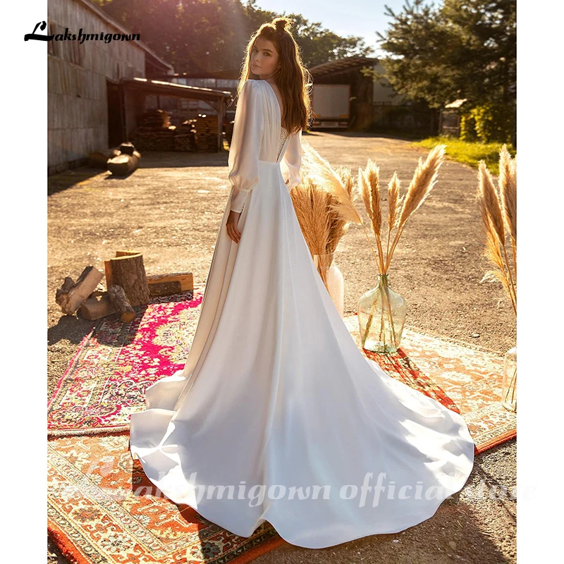 Skraiste Satino linija, Vestuvių Suknelės, 2021 Vestidos ilgomis Rankovėmis Elegantiška Nuotakos Vestuvių Suknelės Naujas Stilius Vestido de Novia