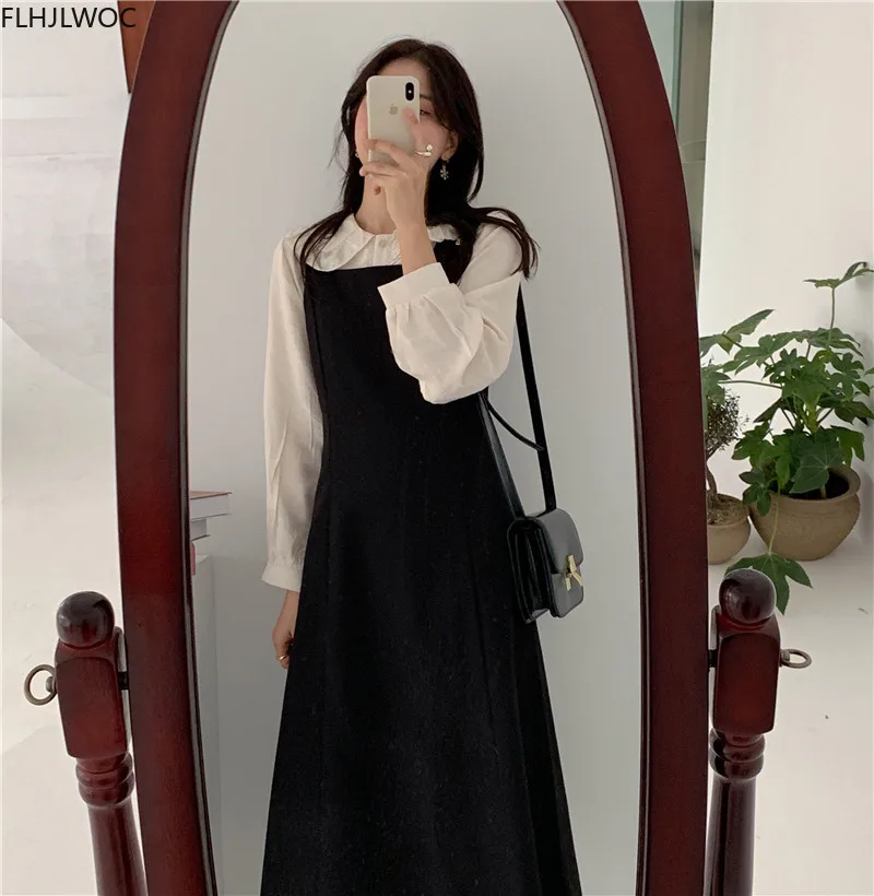 2020 m. Rudenį Rudenį Naujų Elegantiškos Mados korėjos Suknelė be Rankovių Diržas Slydimo petnešos suspender Solid Black Marškinėliai, Suknelės Komplektai
