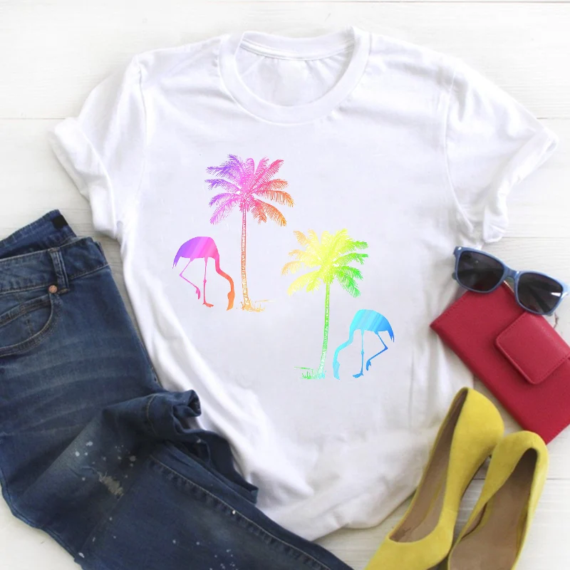Moterų Flamingo Gėlė, trumpomis Rankovėmis Atspausdintas Kawaii Ponios Vasaros T Tee Marškinėlius Moterų Moterų Top Marškinėliai Drabužių Grafinis T-shirt