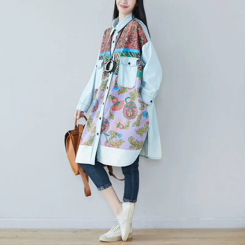 Max LuLu Korėjos Dizaineris Naujų Rudens Moteriški Gėlių Viršūnes Ponios Atsitiktinis Derliaus Marškinėliai Spausdinami Džinsinis Audinys Ilgai Palaidinės Plius Dydis