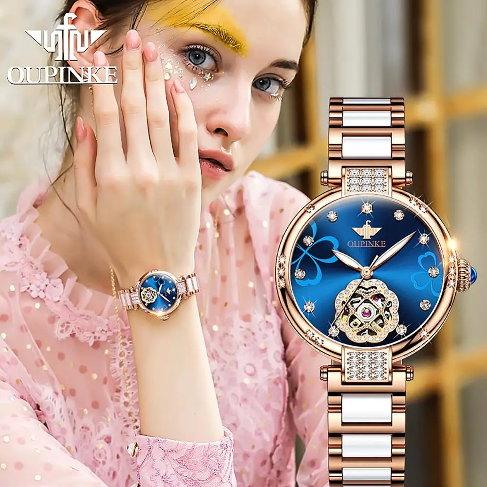 2020 Naujas OUPINKE Moterų Laikrodžiai, Prabangūs visiškai Automatinis Mechaninis laikrodis Mados Keramikos Dirželis Ponios Riešo Žiūrėti relogio feminino