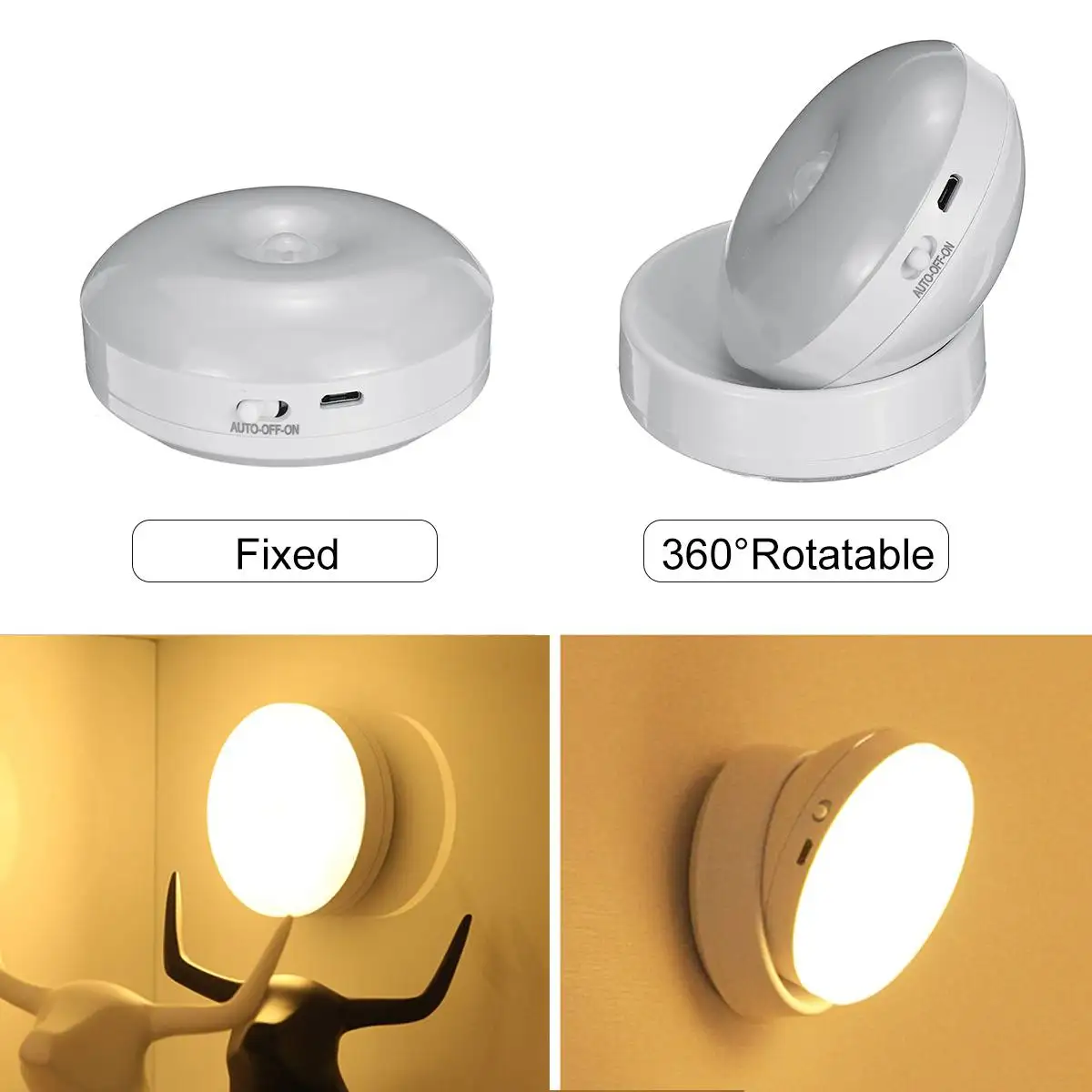 360 Laipsnių Sukimosi LED Judesio Jutiklis Nakties Šviesos USB Įkrovimo Lempa su Magnetiniu Bazę, Laiptai, Miegamojo, Vonios kambario, Virtuvės