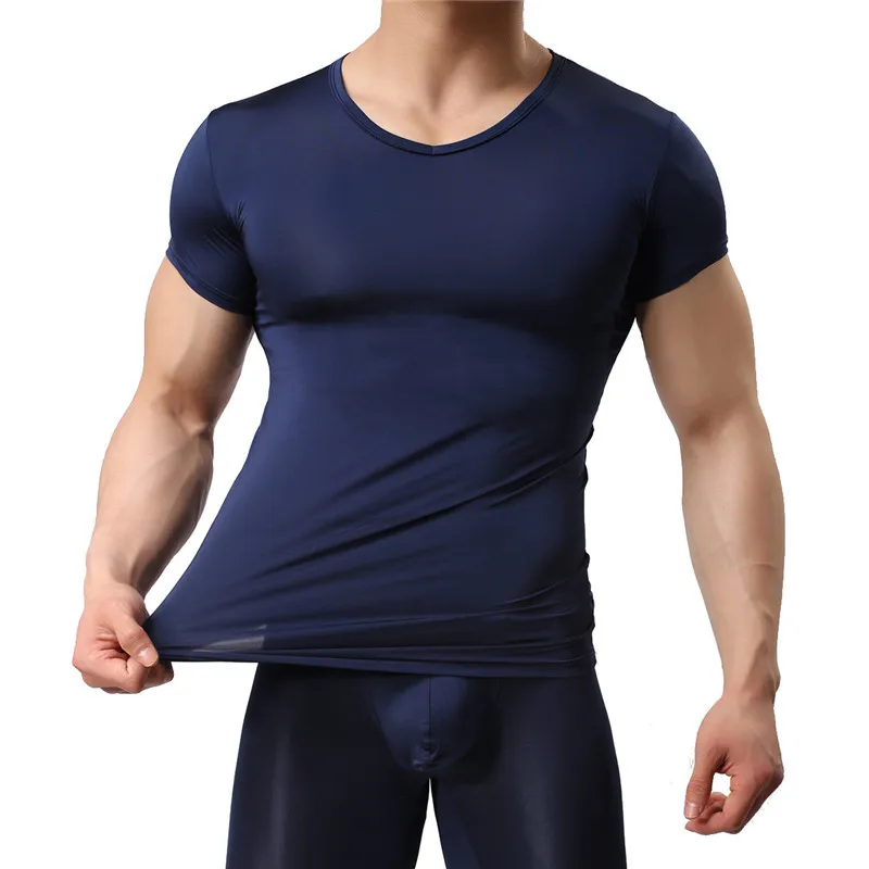 Vyras Undershirt Ledo Šilko Spandex Vien T Shirts Vyrų Nailono V-kaklo trumpomis Rankovėmis Viršūnes-Ultra plonas Kietas Šilumos Sleepwear Undershirt