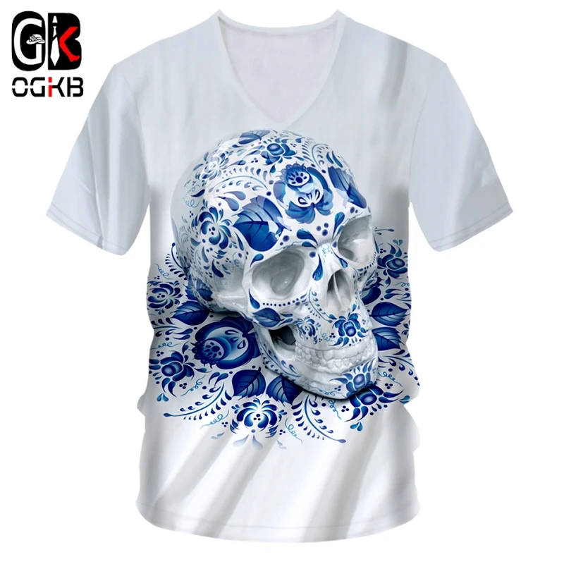 OGKB T Marškinėliai vyriški Hot V-kaklo trumpomis Rankovėmis Kaukoles 3D Tee Marškinėliai Spausdinimas Mėlyna Kaukoles Hip-Hop Street 7XL Drabužių Unisex marškinėliai