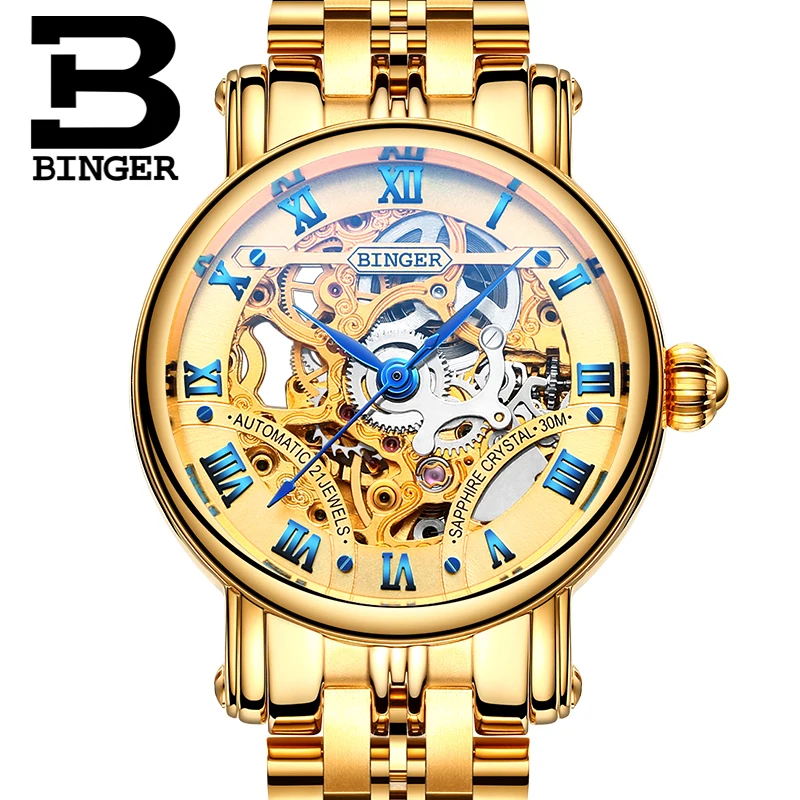 Šveicarija prabangūs moteriški laikrodžiai BINGER prekės ženklo Dvigubo Skeletas Mechaninė Laikrodžius safyras Nerūdijančio Plieno laikrodis B-5066L3