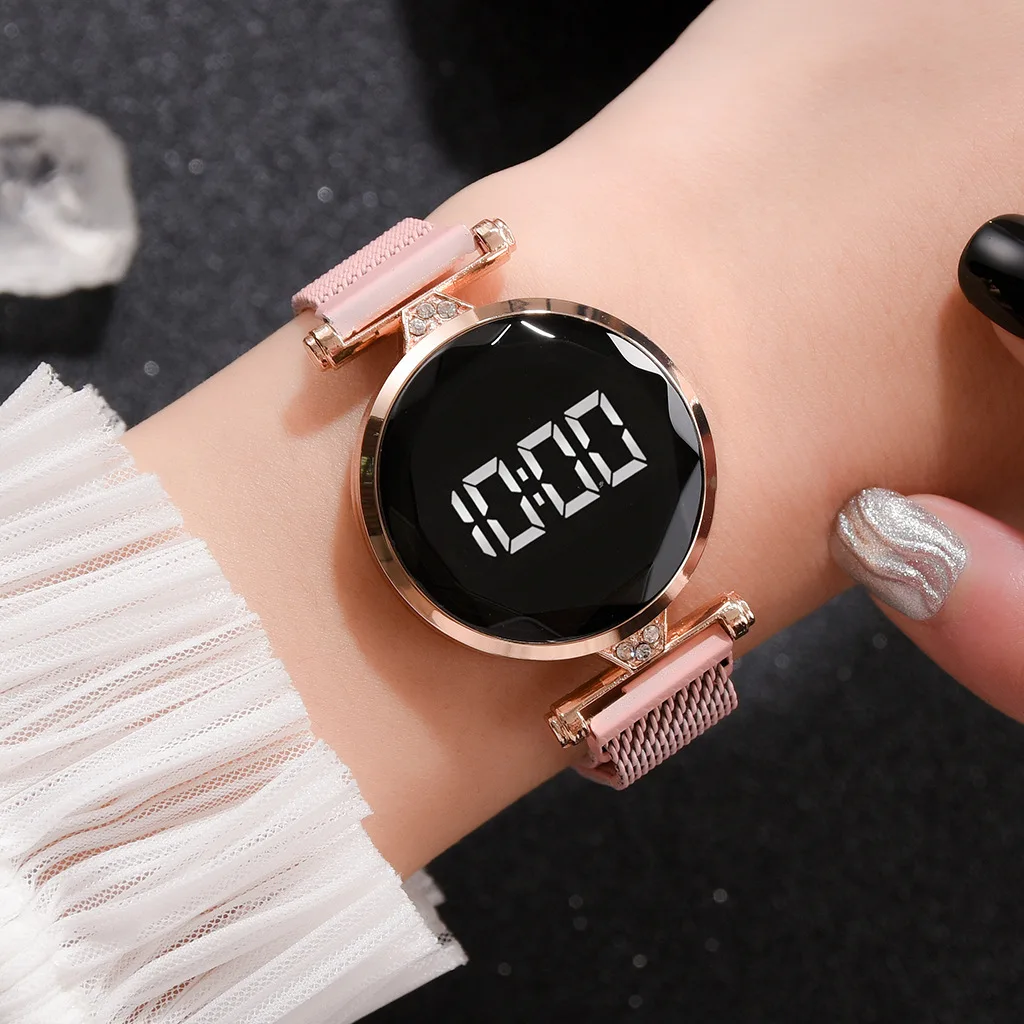 Magnetas Lydinio Tinklelio Diržo LED Ponios Žiūrėti kalnų krištolas Elektroninių Suknelė Žiūrėti Moterų Asmenybės Liesti Laikrodžius zegarek damski