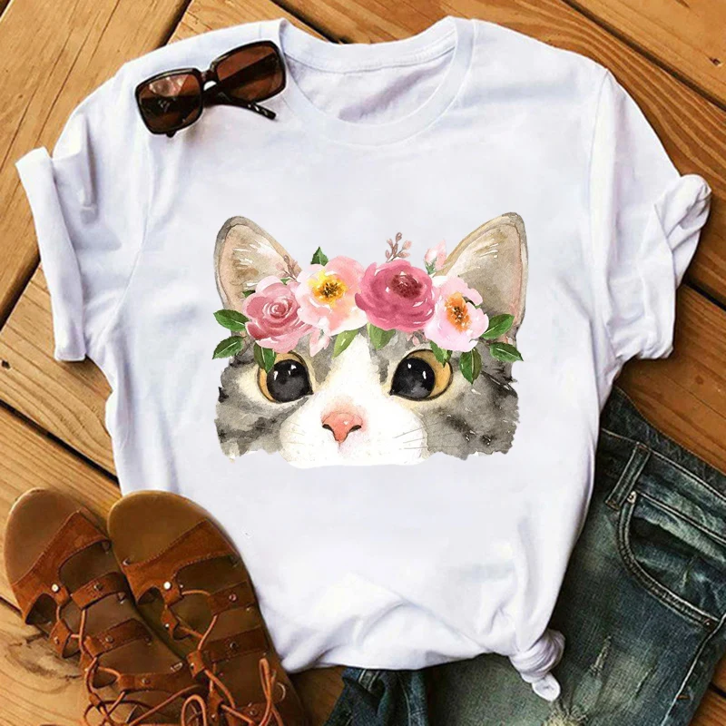 Marškinėliai Moteris Vasarą Funny Cat Moterims Marškinėliai Atsitiktinis Trumpas Rankovės Korėjos Kawaii Ulzzang Marškinėlius Moterų Balto Print Viršuje Tees Mujer