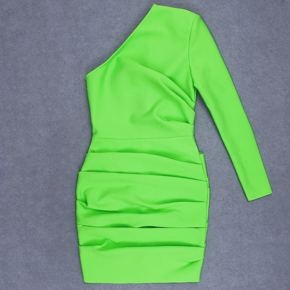 Aukštos kokybės fluorescencinė žalia seksualus stora vieną petį ilgomis rankovėmis mados tvarstis vakarinę suknelę