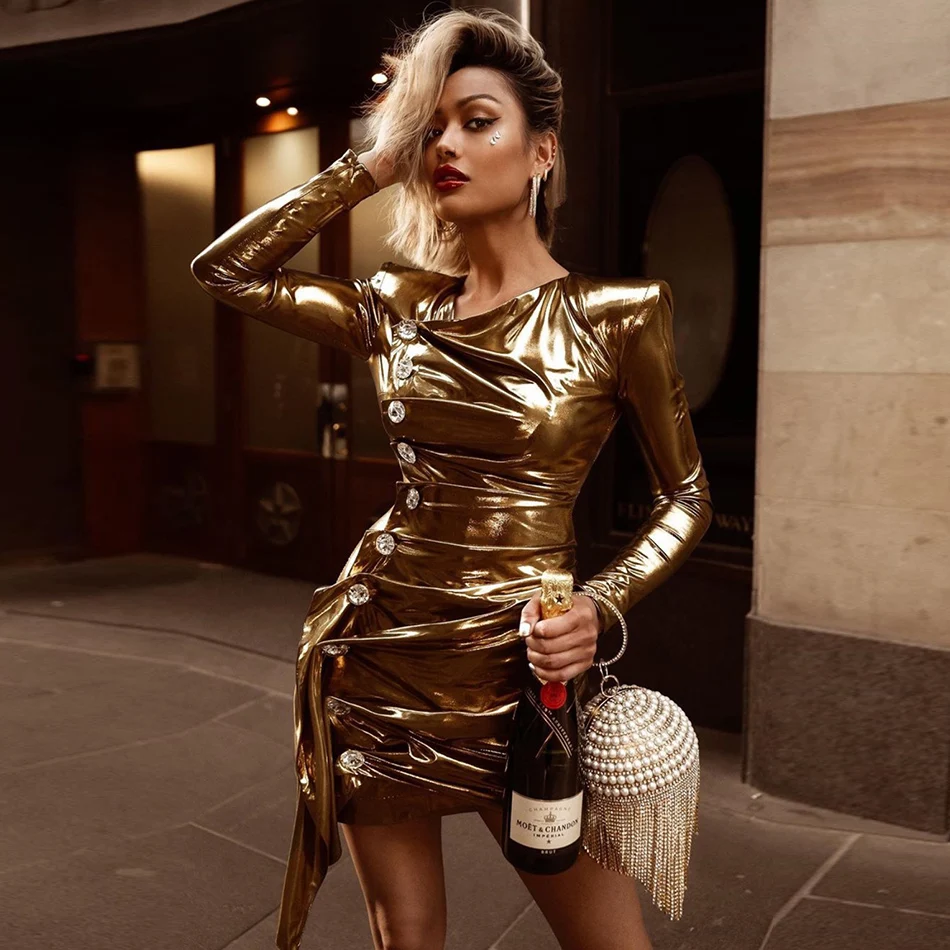2019 Žiemos Naujas Mados PU Odos Suknelė Seksualus Aukso ilgomis Rankovėmis Mygtuką Bodycon Mini Suknelė Klubas Įžymybė Šalies Vestidos