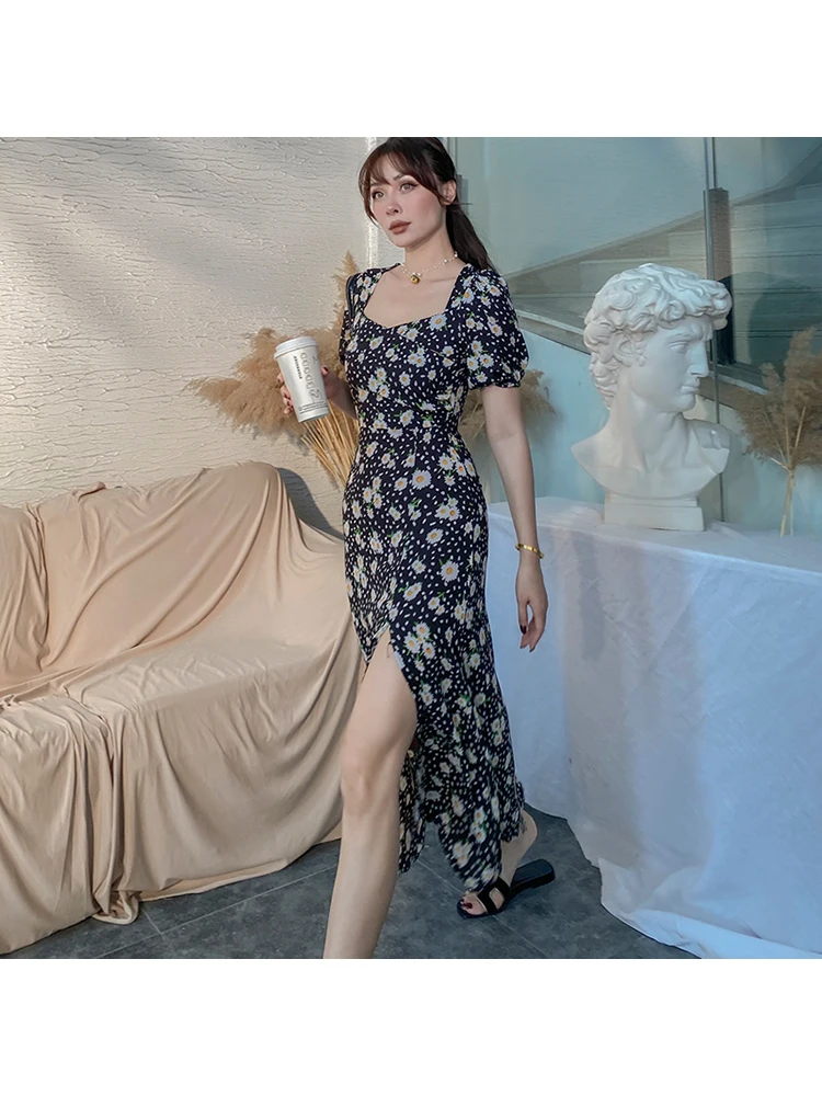 2020 Naujas Elegantiškas prancūzų Vintage Juodas Mažas Daisy Gėlių Apmušalas Suknelės Vidurio Blauzdos Aikštėje Apykaklės Šifono Padalinta Ilga Suknelė Moterims