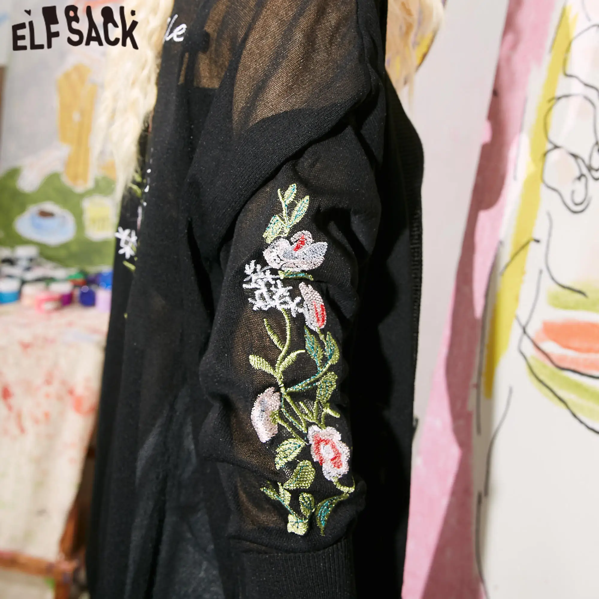 ELFSACK Juodos spalvos Gėlių Siuvinėjimas Megzti Moterys, susagstomi megztiniai 2020 Metų Vasaros ELF Baltos Žr.-Per Visą Rankovės korėjos Moterų Dienos Topai