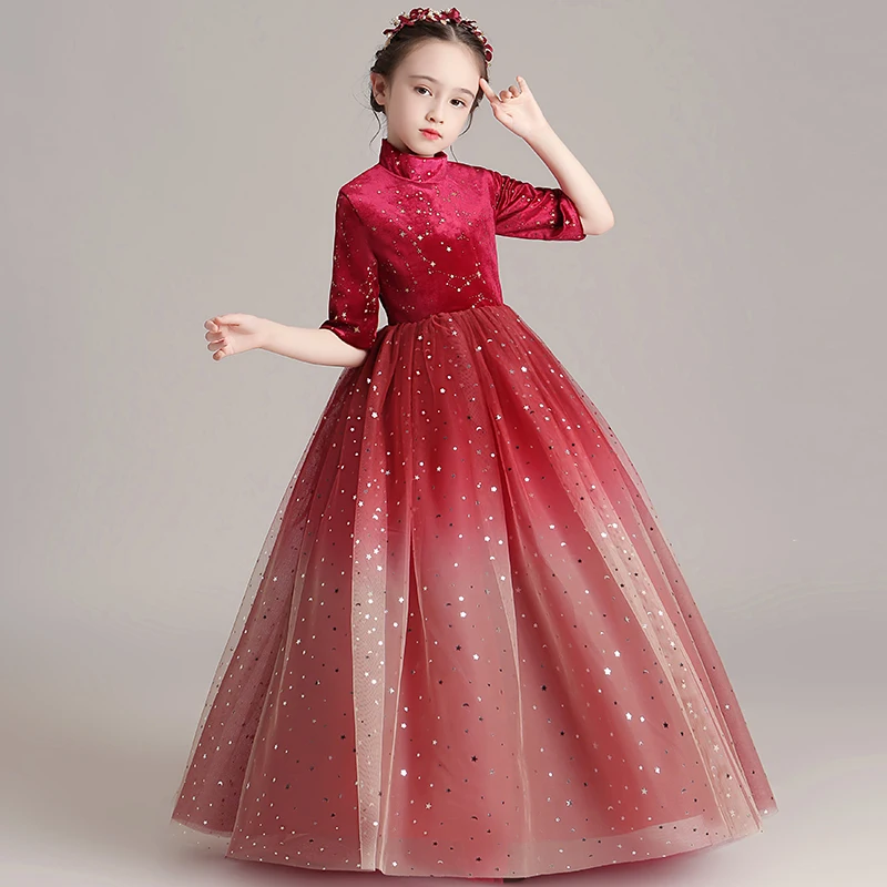 China Nėrinių Mergina Suknelė Raudonos spalvos Tiulio Šalis Princesė Chalatai Pusė Rankovės Gėlių mergaičių Suknelės, Vestuvių Vakarą, Pirmosios Komunijos Suknelė