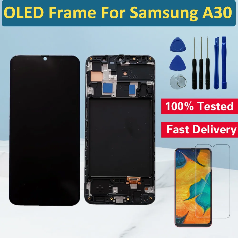 OLED LCD Samsung Galaxy A30 LCD Ekranas, Jutiklinis ekranas skaitmeninis keitiklis Samsung A30 A305 LCD Pakeitimas Su karkasu