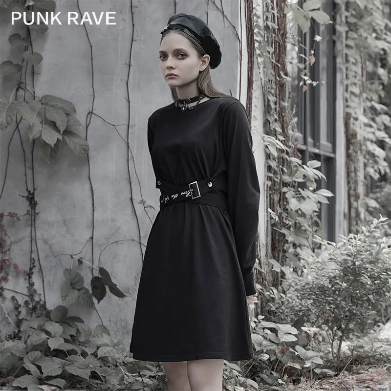 PUNK RAVE Mergina Gothic Black ilgomis rankovėmis Suknelė-line Atsitiktinis Rudens Pradžioje Trumpą Suknelę Moteris Streetwear