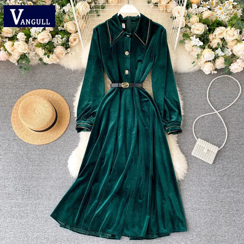 Vangull Suknelės Moterims, Elegantiškas Prancūzijos Šviesą Tamsiai Žalia Suknelė Korėjos Stiliaus Juosmens Hugging Plonas Lady Aksomo Ilgai Šalies Ilga Suknelė