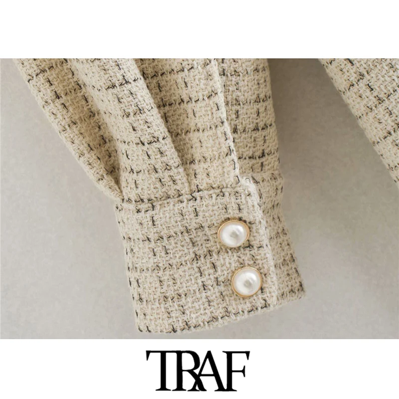 TRAF Moterų Mados Negabaritinių Dirbtiniais Perlų Mygtukų Striukė Kailis Derliaus ilgomis Rankovėmis Kišenės Moterų Viršutiniai drabužiai Prašmatnus Viršūnės