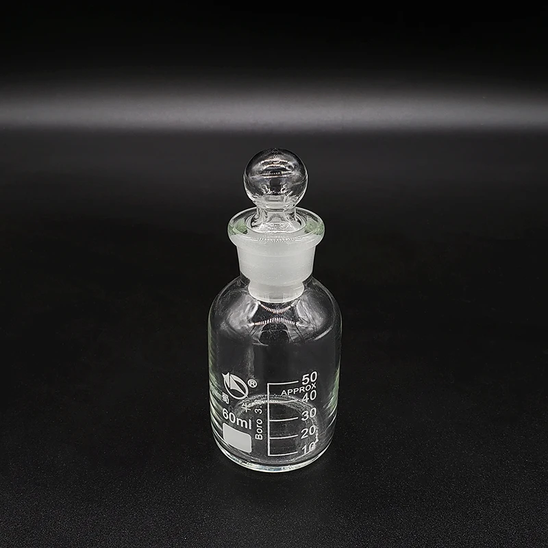 Reagento buteliuką,Siauros kaklo su standartine žemės stiklo kamuolys kamščiu,Aišku,Boro. 3.3 stiklas,Talpa 60ml,Imties Buteliukai