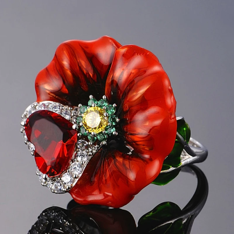 Naujų Gėlių Žiedais Moterys Šalis Dovana 925 sterlingas sidabro Rankų darbo Emalio Raudona Rožė Gėlių Žiedas Mados Vestuvių Papuošalai