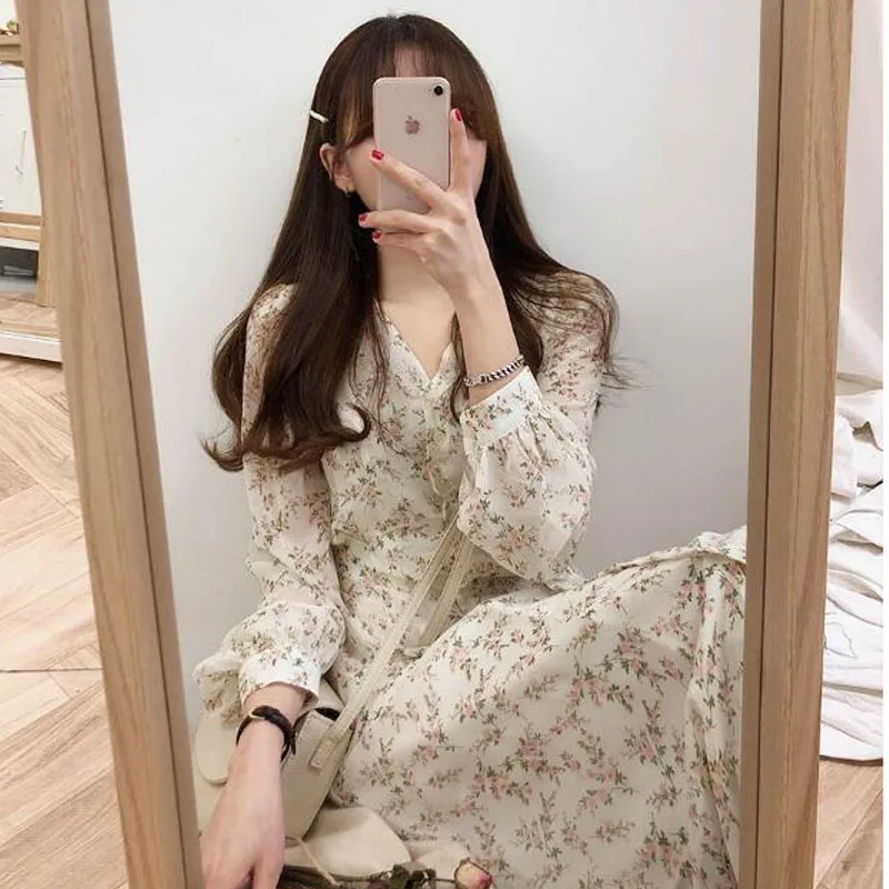 Ilgą Šifono Gražus Suknelės Vasarą Moterys Flhjlwoc Korėjiečių Japonų Stiliaus Mėlyna Balta Gėlių Spausdinti Retro Vintage Prašmatnus Suknelė 5117