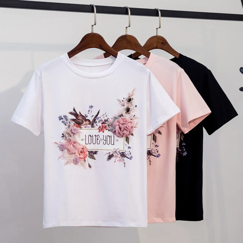 3D Granulių Siuvinėjimas Medvilnės Moterų Marškinėliai trumpomis Rankovėmis Apvalios Kaklo Aplikacijos Gėlių Moterų T Shirts 2020 Metų Vasaros Mados Lady Drabužiai