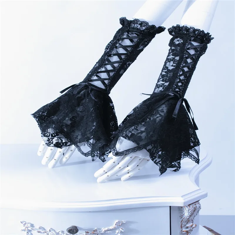 Goth Juoda Balta Nėrinių Gotikos Cosplay Darkly Alkūnė Pirštinės Moterims Oversleeve Fashion Accessories