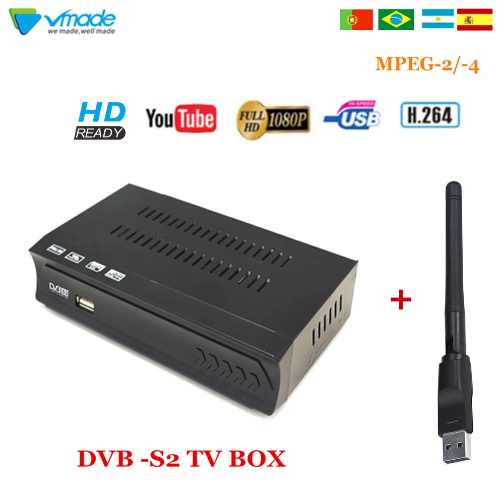 Vmade 2018 Super Receptorių DVB-S2 HD FTA Palydovinės TV Imtuvas MPEG4 Standarto Set top box + USB WiFi dongle Adapterį Mini antena