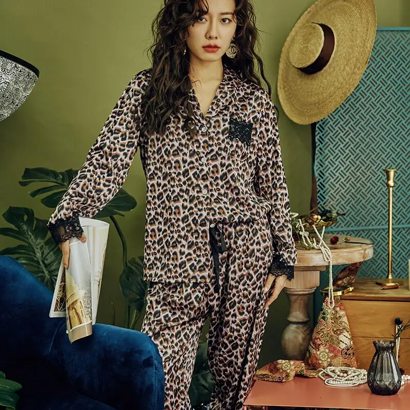Naujausia Seksuali Nėrinių Leopard Pižama Moterų 2020 M. Pavasarį Satino Pižamos Moterims Atsitiktinis Pyjama Femme Šilko Pijama Mujer Merginos Homewear